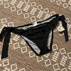 NWT Lucky Brand Sz Small Black Tie Bikini Bottoms Ruffle Deltail